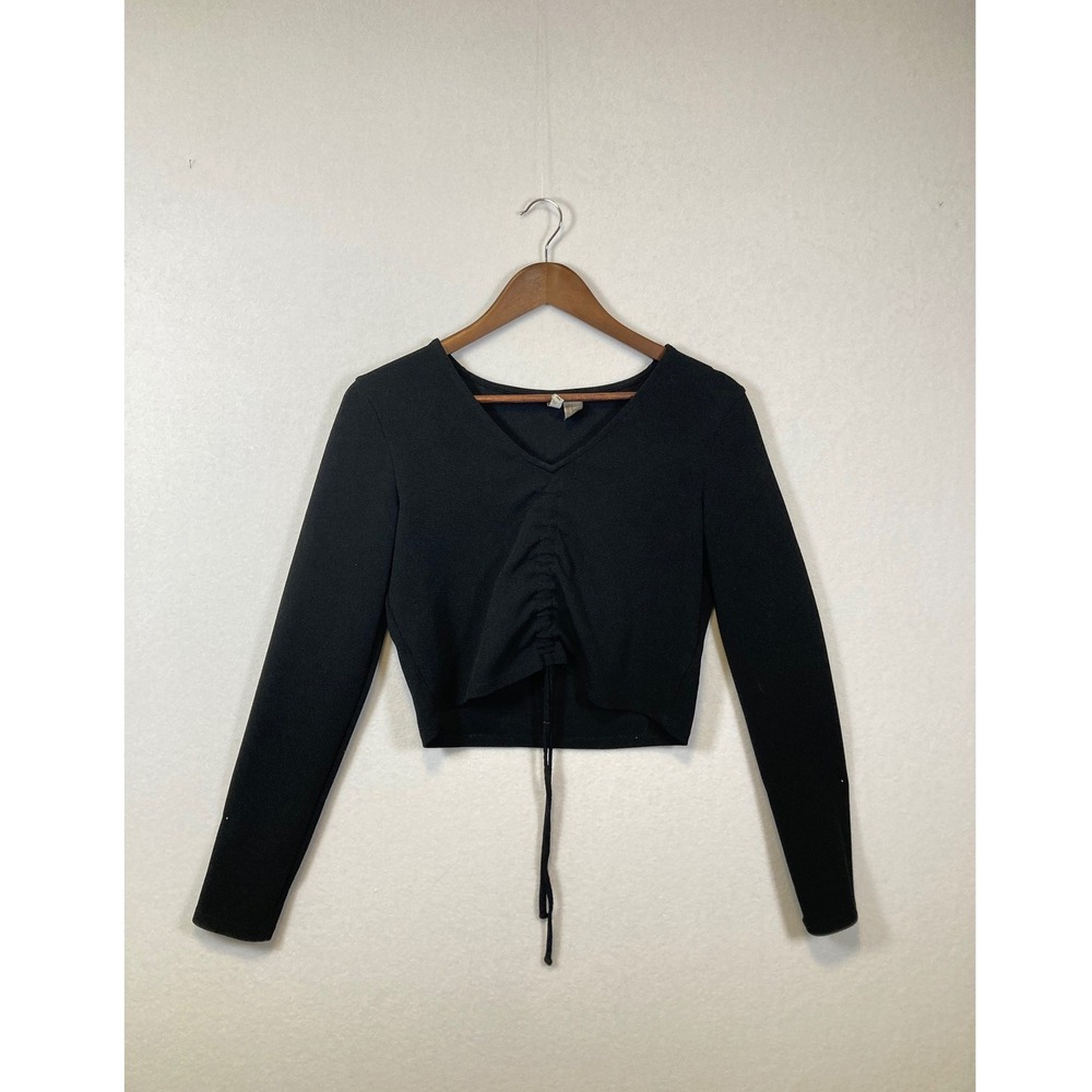 H&M Divided Black Long Sleeve‎ Ruched Drawstring Crop Top Shirt Womens M